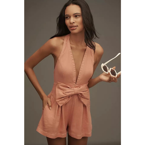 Maeve Pants - Maeve by Anthropologie‎ Halter Bow Linen Romper, Size 6, Pink, NWOT